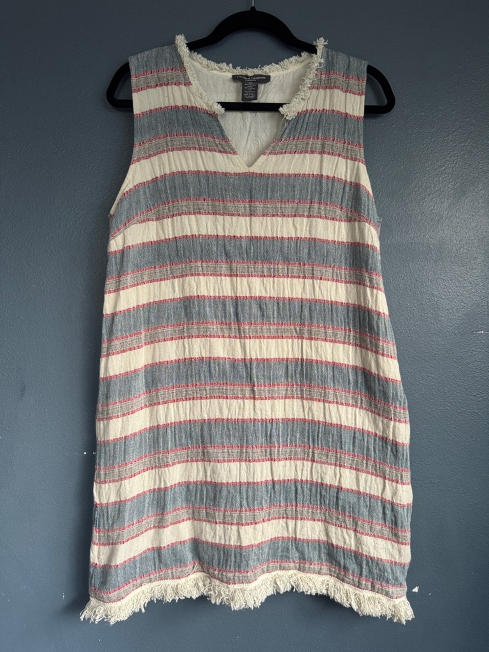 Chelsea & Theodore Cream Striped Sleeveless Fringed Dress